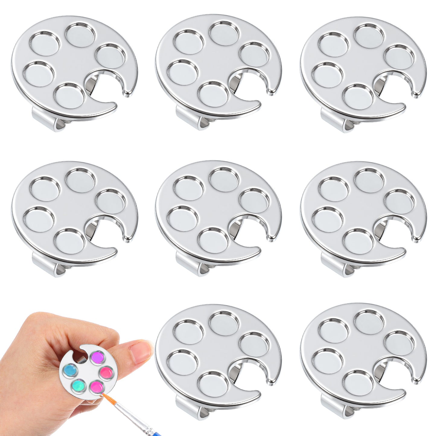 Classicseali 8 Pack Nail Polish Mixing Plate, Mini Metal Nail Palette, Finger Rings Nail Polish Palette for Gel Nail Art Display, Silver Mini Nails Polish Tray