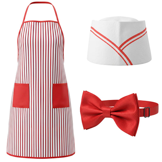 guduling 3 Pcs 1950s Waiter Costume, Soda Jerk Outfit for Adults – Red & White Striped Apron, 2-Pocket Chef Hat, Bow Tie for Retro Party, Diner Role Play