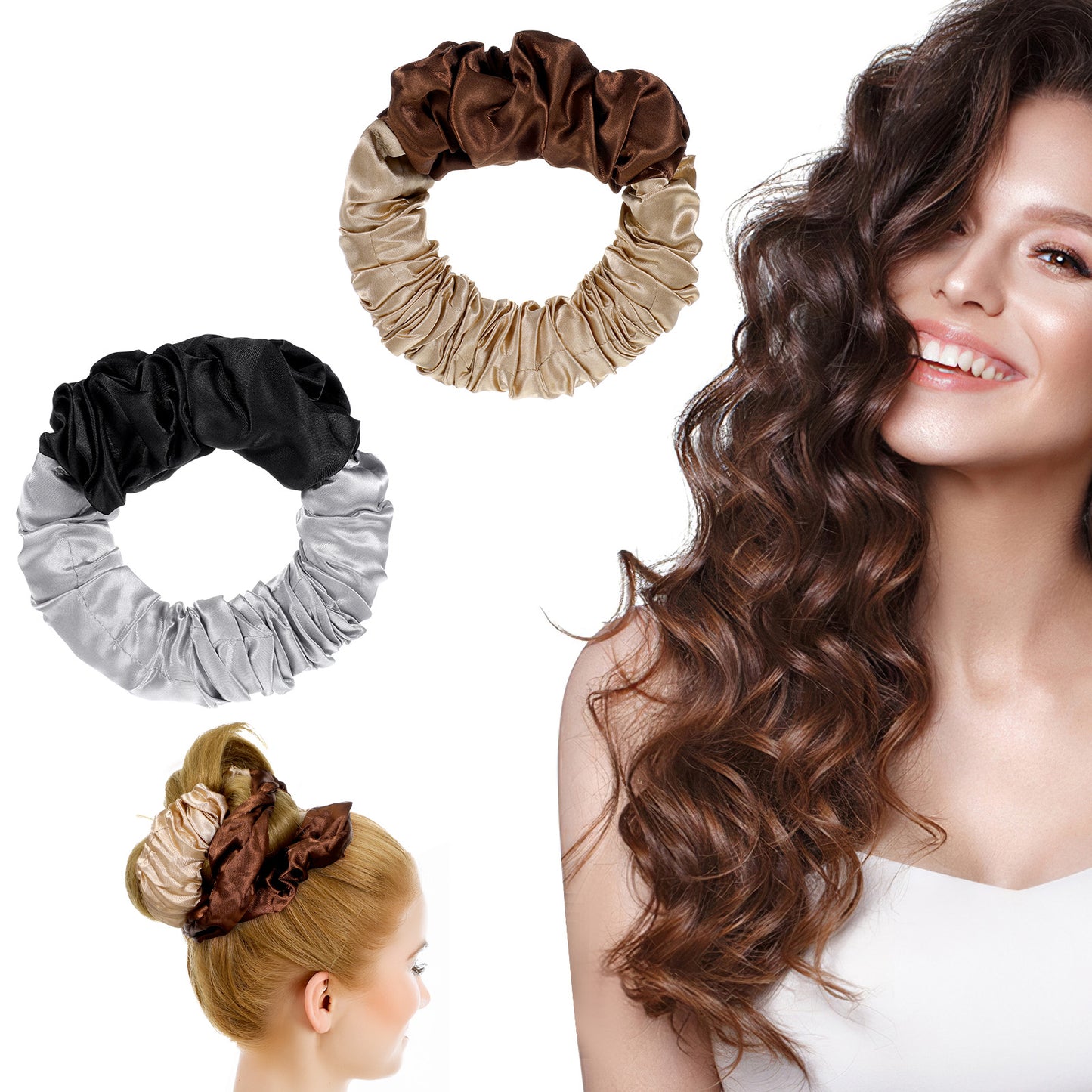 Guduling 2pcs Sleepyties for Hair,Heatless Curl Scrunchie for Thick Hair,Large Scrunchie with Leopard Print for Women,Silk Lazy Rollers for Long Hairs Overnight,(Brown/Gray)