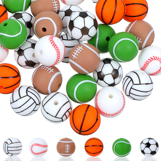Classicseali 30 PCS 15 mm Silicone Beads Bulk, Sports Beads for Pens & Bracelets Making, Silicone Bead for Keychain Making, Baseball & Football Focal Bead