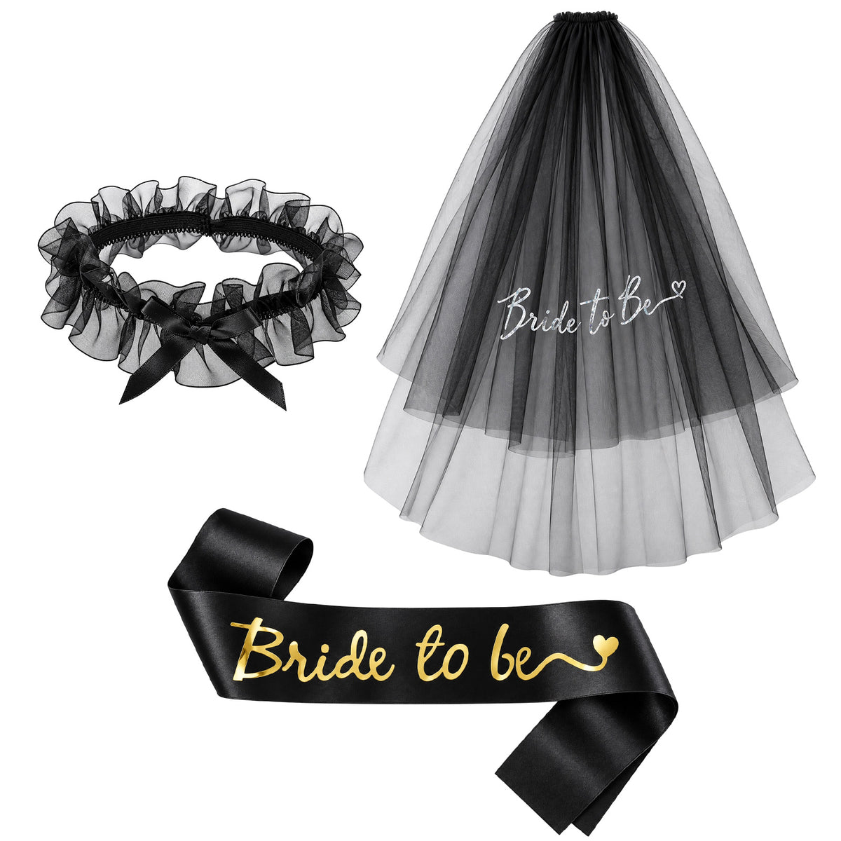 Classicseali 3 Pcs Black Veil,Bride Sash and Veil,Garter Set