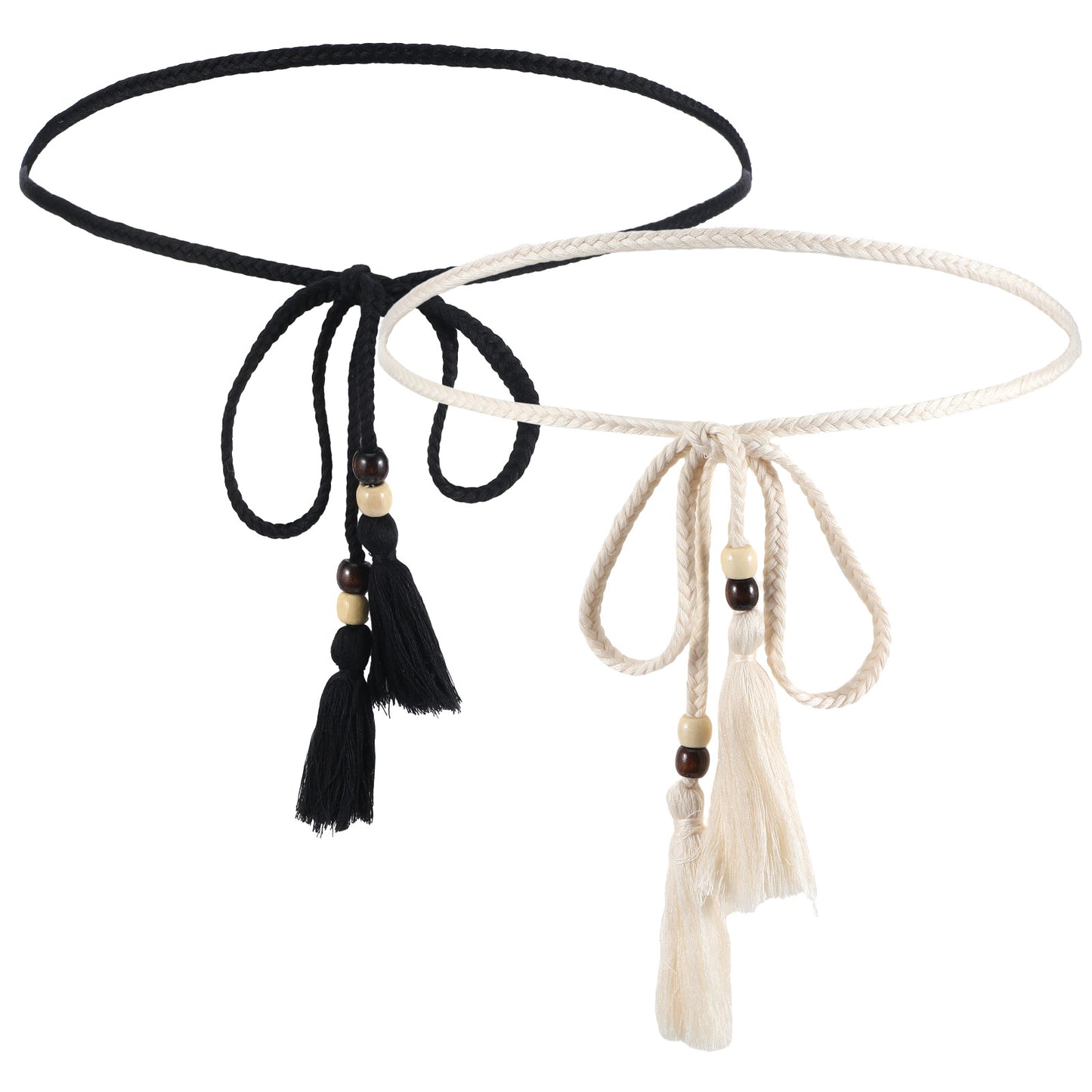 Classicseali 2pcs Rope Belts for Women, Black + Beige Thin Woven Bohemian Belts for Women, Tassel Belt with Wooden Beads for Girls Thin Dresses Skirts Tunics
