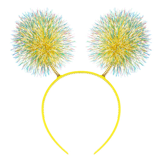 guduling Pom Pom Headband,Yellow Birthday Girl Headband,Tinsel Birthday Headbands Shimmery Foil Strips with Fluffy Balls, Sparkly Hair Accessory for New Year’s, Carnival, Festivals & Cosplay Parties
