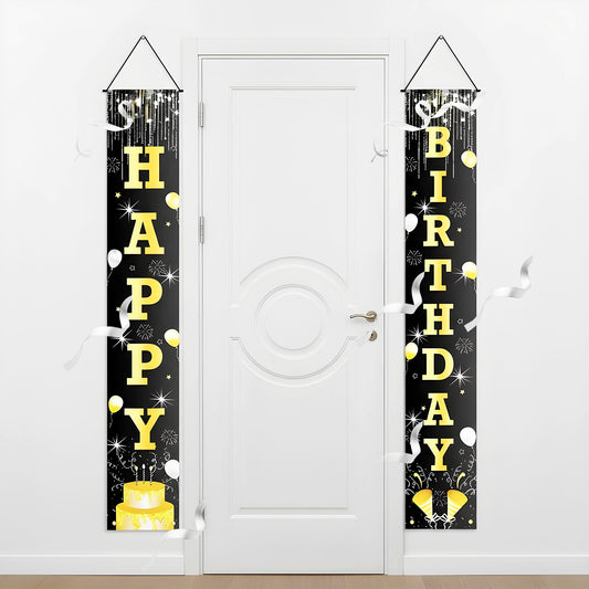 Classicseali Birthday Door Banner, Black & Gold Happy Birthday Door Banner, Happy Birthdays Banners for Doors, for Men Women Decoration Porch Sign Welcome Party Supplies Hanging Background Decoration