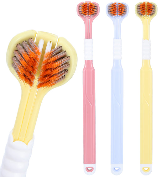 3-Pack 3 Sided Toothbrush, Autism Toothbrush for Multi-Angle Cleaning, Comfortable Grip with Special Needs (Red, Yellow, Blue)