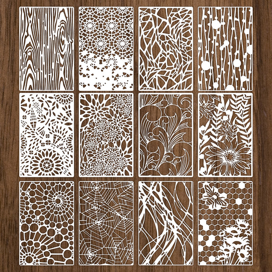 Oruola 12pcs Stencils for Crafts Reusable,Floral Stencils for Painting,Wood Grains Flower Texture Templates Spider Web Layering Spray Paint Stencil Kit on Wall Canvas Cake Card DIY