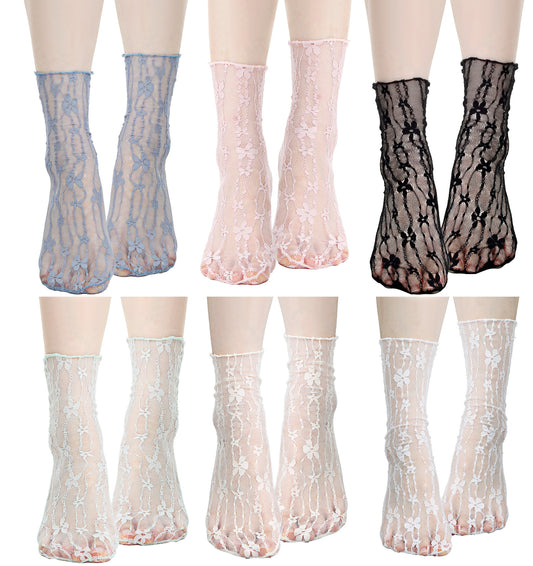 Thrymme 6 Pairs Lace Socks, Ruffle Frilly Lace Socks Women Sheer Mesh Slouch Sock Lace-Mesh Novelty Decorated Ideal for Lolita Princess Dress Accessories, Nylon Loose Ankle High Comfortable & Stylish