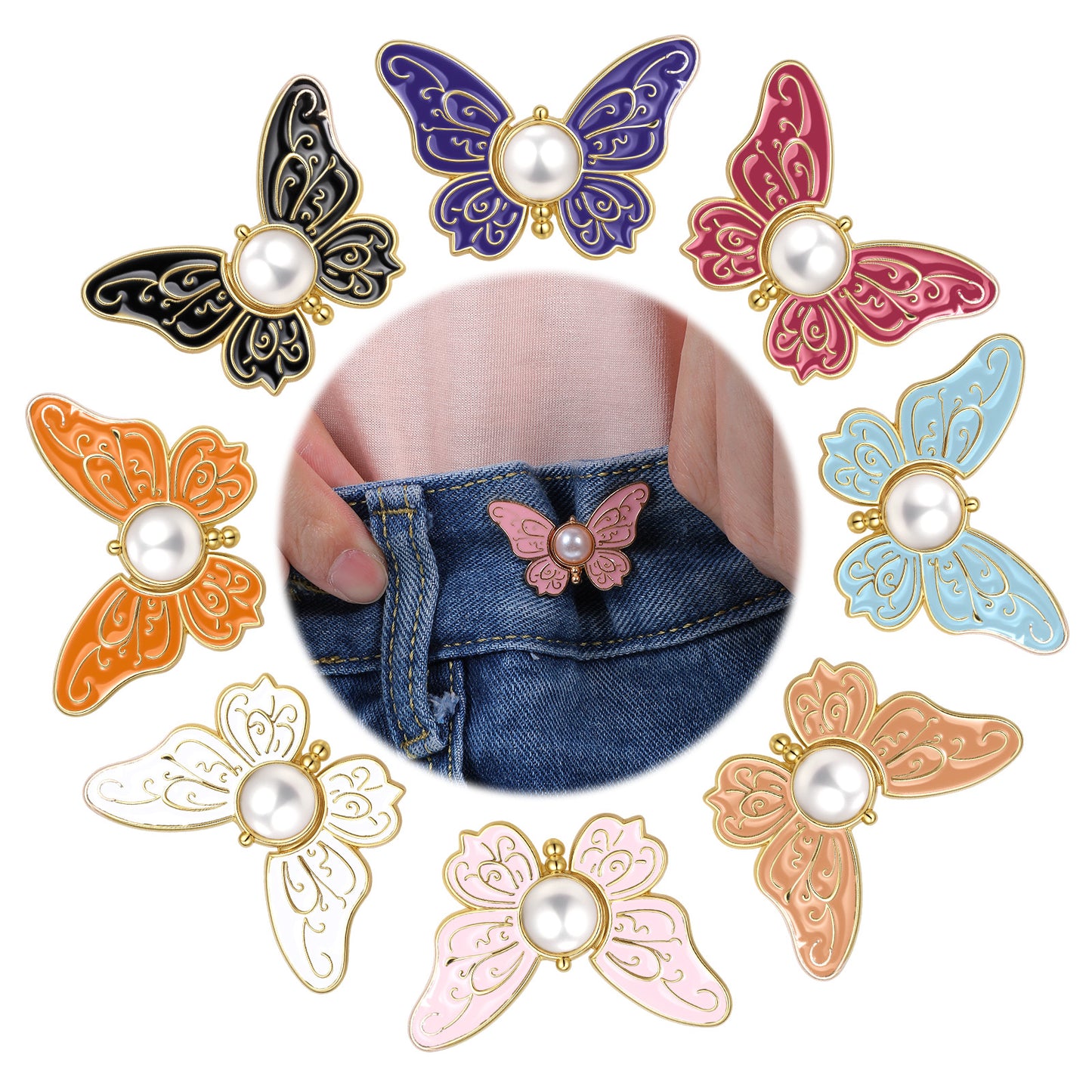 Classicseali 8sets Butterfly Pants Waist Tightener, Detachable Butterfly Jean Buttons Pant Waist Tightener for Loose Jeans, Adjustable Decorative Waist Tightener for Pants Women No Sew and No Tools