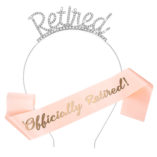 Elegaperma Retirement Sash for Women, White Rhinestone Tiara & Champagne Satin Sash Set, Zinc Alloy Headband