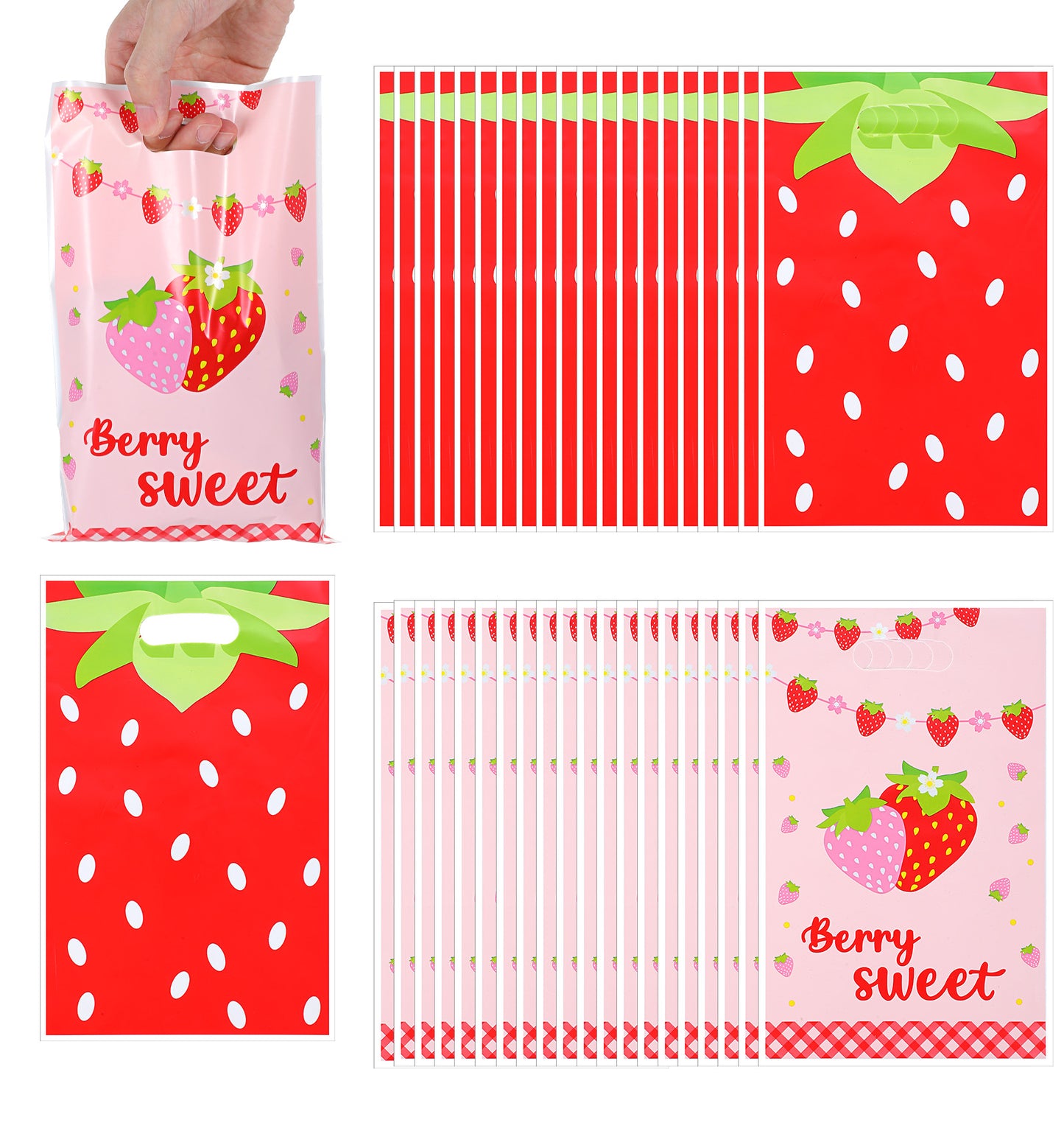 50Pcs Strawberry Party Bags, Plastic Strawberry Gift Bag with Handles for Birthday, Wedding, Baby Shower