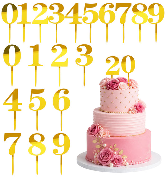20 Pcs Acrylic Cake Topper, 0-9 Gold Acrylic Numbers for Cake