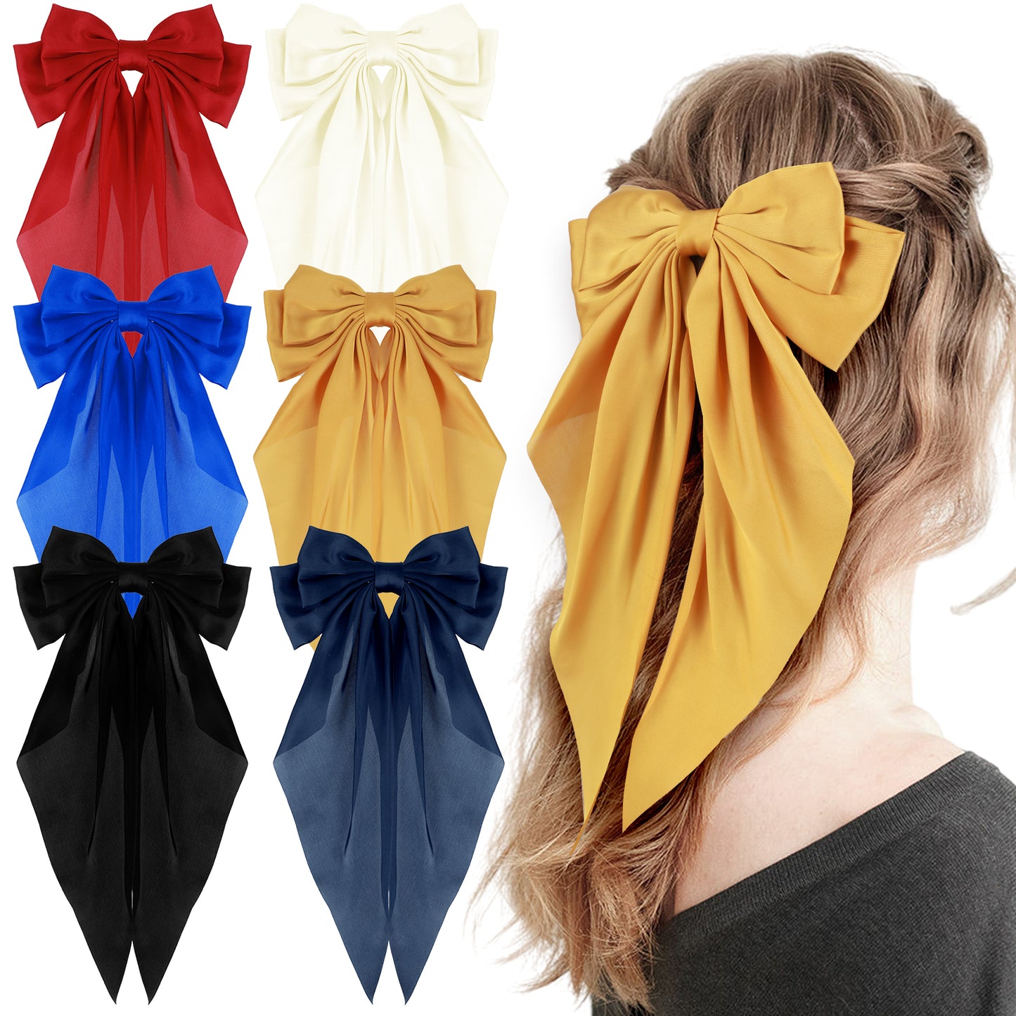 oruola 6pcs Red Hair Bow with Long Tail,Big Bow Hair Clip,French Ribbon Bowknot Hairpin with Long Silky Satin Tail,Solid Color Hair Barrette Clips for Women Girls,Elegant French Style Hair Accessories