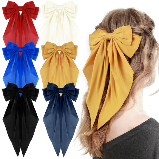 oruola 6pcs Red Hair Bow with Long Tail,Big Bow Hair Clip,French Ribbon Bowknot Hairpin with Long Silky Satin Tail,Solid Color Hair Barrette Clips for Women Girls,Elegant French Style Hair Accessories