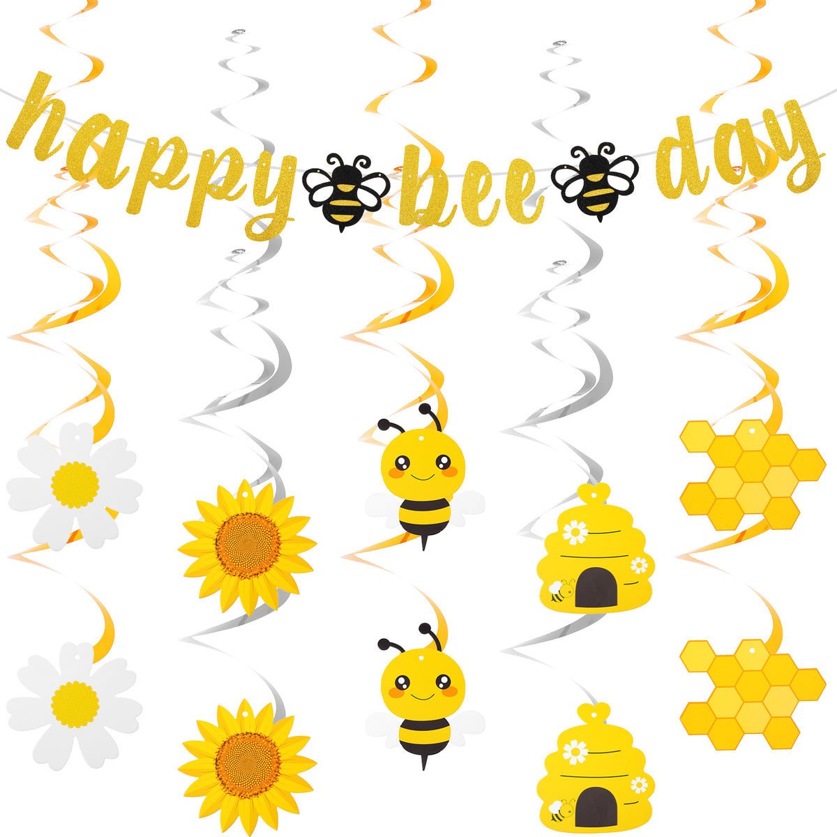 Elegaperma Bee Birthday Decorations,Glitter Banner with Hanging Swirl