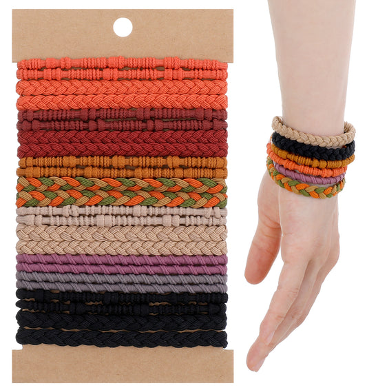 Boho Hair Ties Bracelets Set 24 Pack - 9 Color 3 Style Bohemian Hair Jewelry, Fabric Hairbands for Women Girls (Festival Wedding Yoga Accessories)