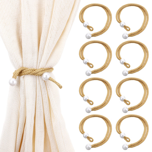 Classicseali 8pcs Curtain Ties, Braided Gold Tie Backs with Pearls, Adjustable Curtain Tiebacks, for Fixing and Decorating Living Room, Bedroom, Dining Room, Bathroom, Cafe, Office, Hotel