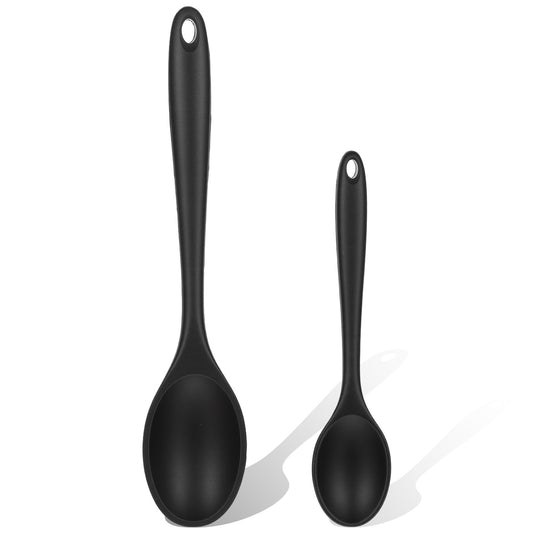 Guduling 2 Pcs Silicone Spoon,Black Silicone Cooking Spoon,2 Size Silicones Spoons for Cookings – Heat Resistant Long Handle Stirring Spoons for Cooking, Baking & Non-Stick Kitchen Tools