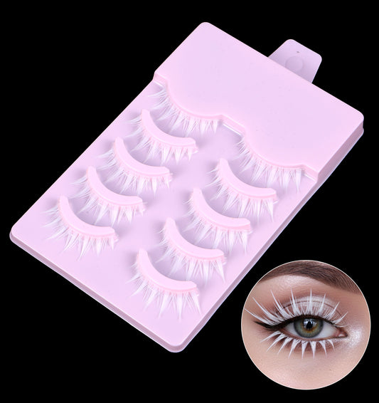 5 Pairs White False Eyelashes, Wispy Natural Manga Lashes, Japanese Style Upper & Lower Strip Eyelashes for Cosplay Halloween Party & Daily Makeup