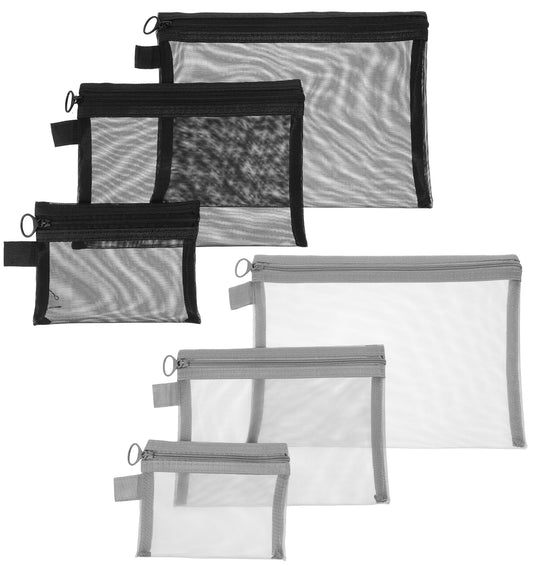 6 Pcs Makeup Pouch, 3 Sizes Mesh Bags for Travel Toiletry Storage, Small Zippered Organizer Pouches for Home Office (Black and Grey)