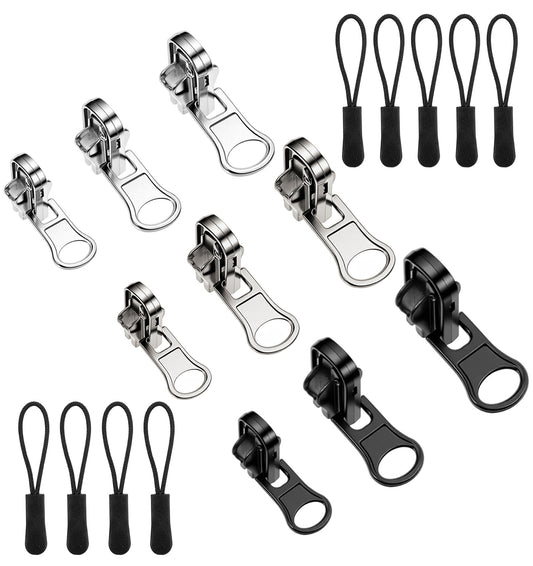 9Pcs Zipper Replacement, 3 Size Zip Repair Kit for Sleeping Bags, Tents, Coats & Backpacks, No Tools Needed, Black & Silver Sliders