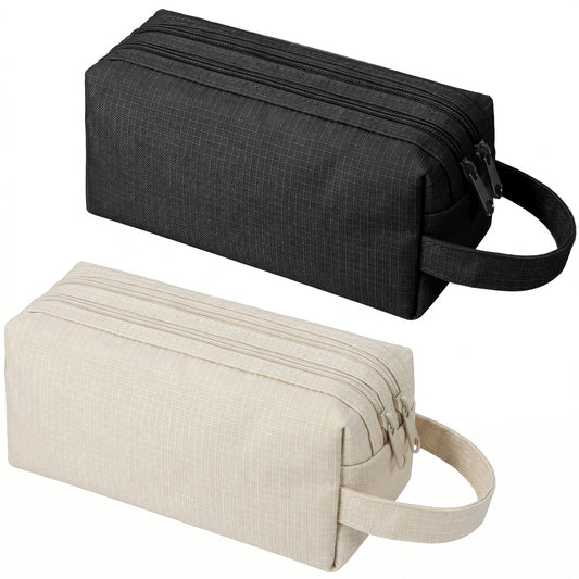 2 Pcs Wash Bags for Men, Oxford Fabric Toiletry Bag Men Water-Resistant Travel Organiser with Handle for Gym, Bathroom & Shower (Black & Beige, 20 x 8 x 7.5 cm)