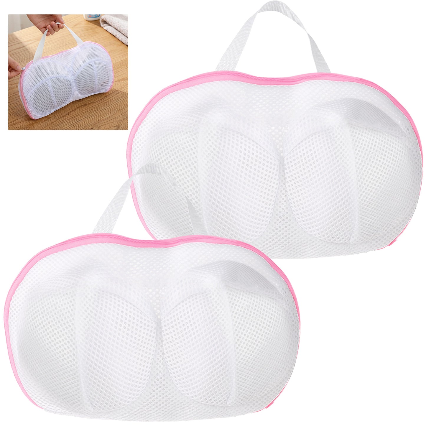 Classicseali 2pcs Bra Bags for Washing Machine, Mesh Bra Wash Bag with Handle Zipper, Non-Deform 3D Protective Bras Holder for Washing Machine, for Women Laundry Storage Washings Delicates, Pink