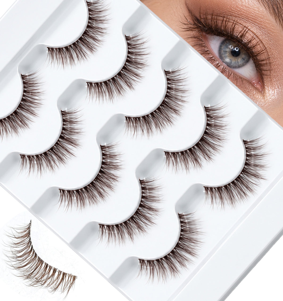 5 Pairs Brown False Lashes, Wispy Brown Eye Lashes Cat Eye with Clear Band