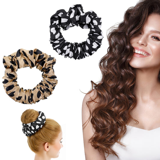 Guduling 2pcs Sleepyties for Hair,Heatless Curl Scrunchie for Thick Hair,Large Scrunchie with Leopard Print for Women,Silk Lazy Rollers for Long Hairs Overnight,2 Colors