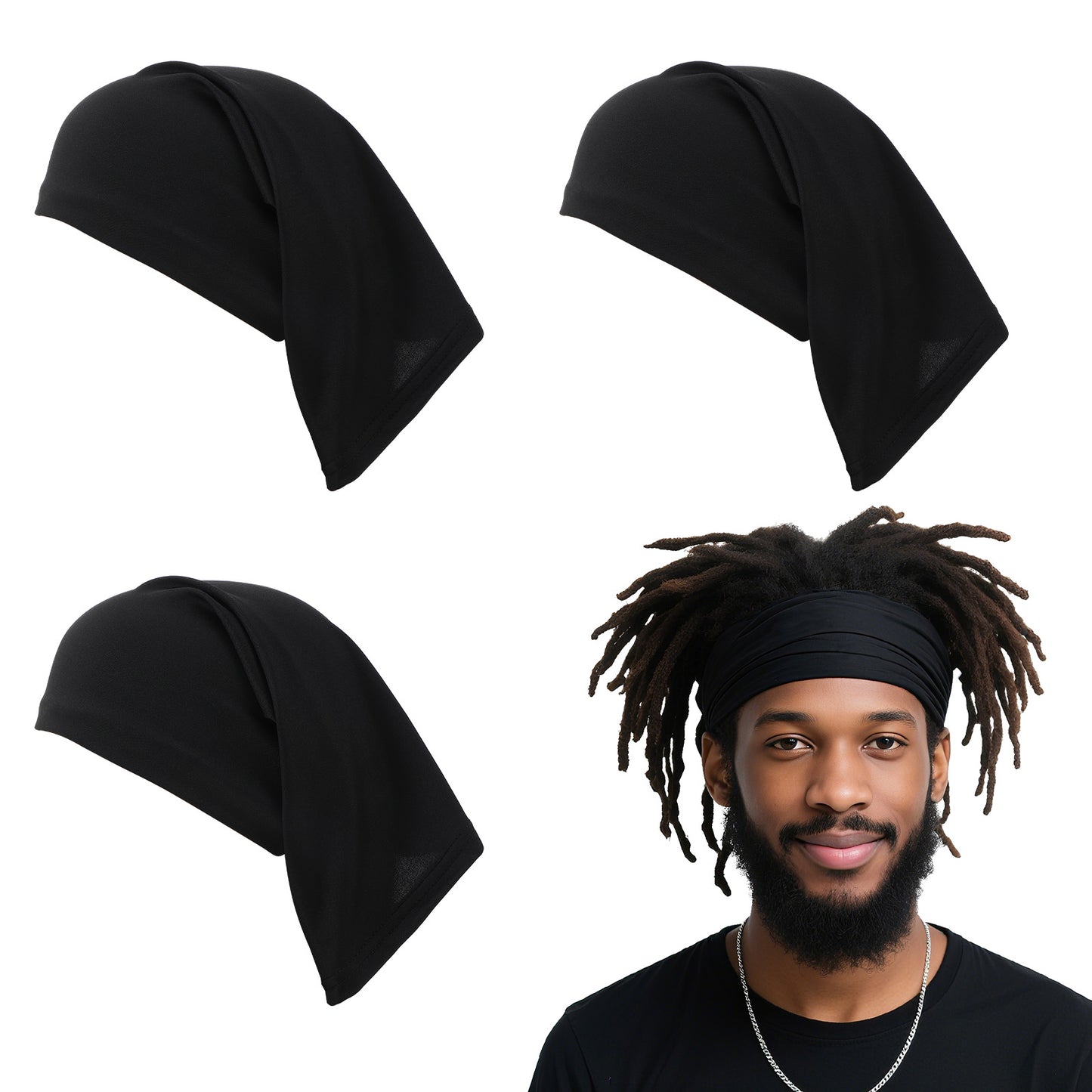 Guduling 4pc Shijab Cap, Hijab Undercap, Dreadlock Caps for Men, Soft and Comfortable, Long Braided Hat for Men and Women, Black