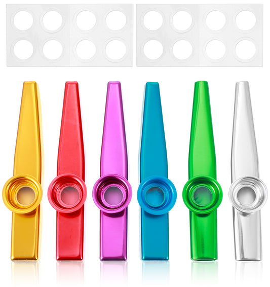 6 Pcs Kazoos Multipack, Stainless Steel Kazoo Instrument Set with 16 Replacement Membranes, 6 Colors Metal Kazoos for Kids and Adults, Party and Classroom Musical Toys