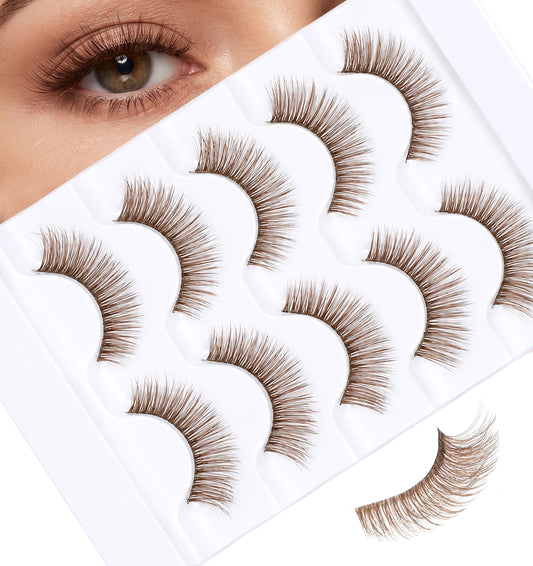 5 Pairs Brown Eyelashes, Brown False Eyelashes Natural C-Curly (32mm)