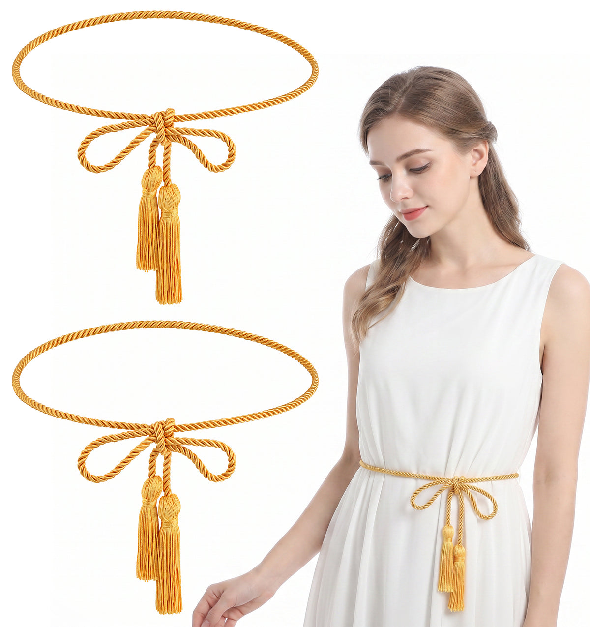 Thrymme Gold Rope Belt for Women, 67 Inch Braided Adjustable Waist Belt