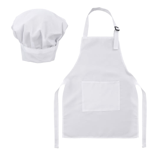 Classicseali Kids Apron and Chef Hat Set, Chef Apron for Kids with 2 Pockets, Adjustable Kid Aprons Set, for Cooking Classroom Baking Painting, 6-13 Years, White