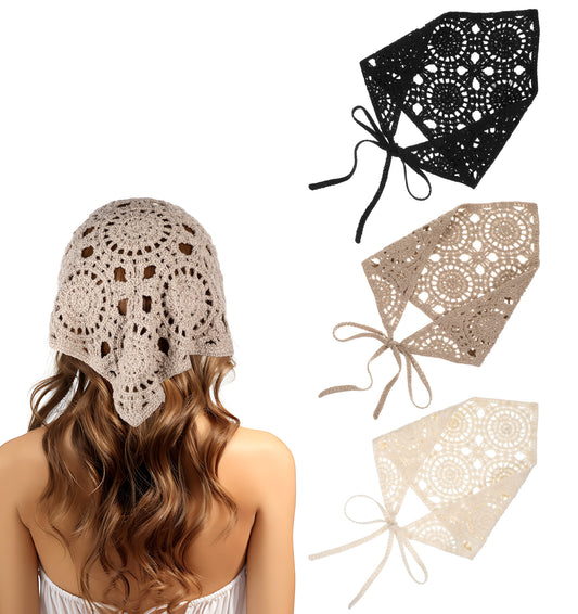 Crochet Bandana for Women 3-Pack - Handmade Hollow-Out Headbands, Floral Head Scarf, Triangle Knitted Hair Bandana, Boho Hair Accessories, Girls Vintage Style (Triple Color)