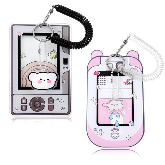 Classicseali 2 Pcs Photo Card Holder, Cute Photocard Holder Keychain with Spiral Wrist Coil, 2 Styles Photo Keychains for Bus Card Credit ID Bank Cards Pendant, Gray, Pink