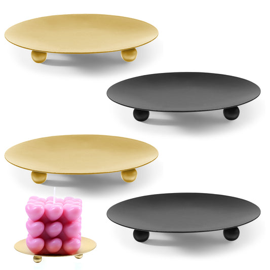 Oruola 4pcs Candle Plate, Candle Plates and Trays, Metal Candle Tray, Candle Holder, Retro Candle Dish for Pillar Candles, Christmas, Home Party, Wedding Decoration, and Dinner (Black, Gold)