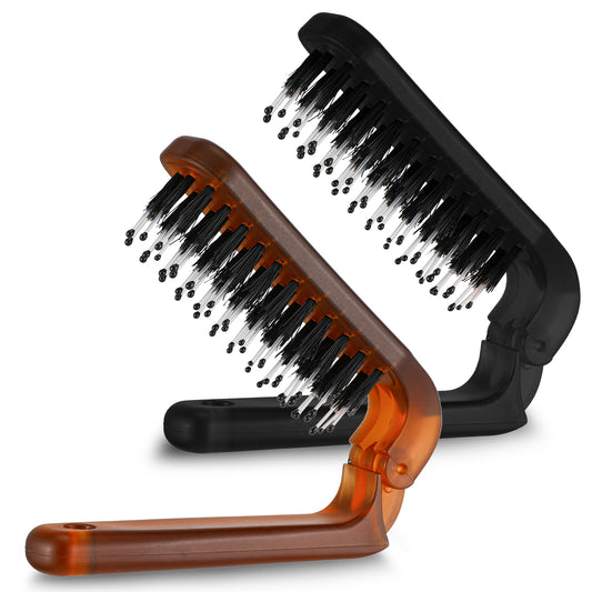 Guduling 2-Pack Folding Brush, Mini Foldable Hair Brush with Mirror, Travel Hairbrush, Compact Hairbrush for for Women & Men, Portable Styling Tool in Black & Warm Amber