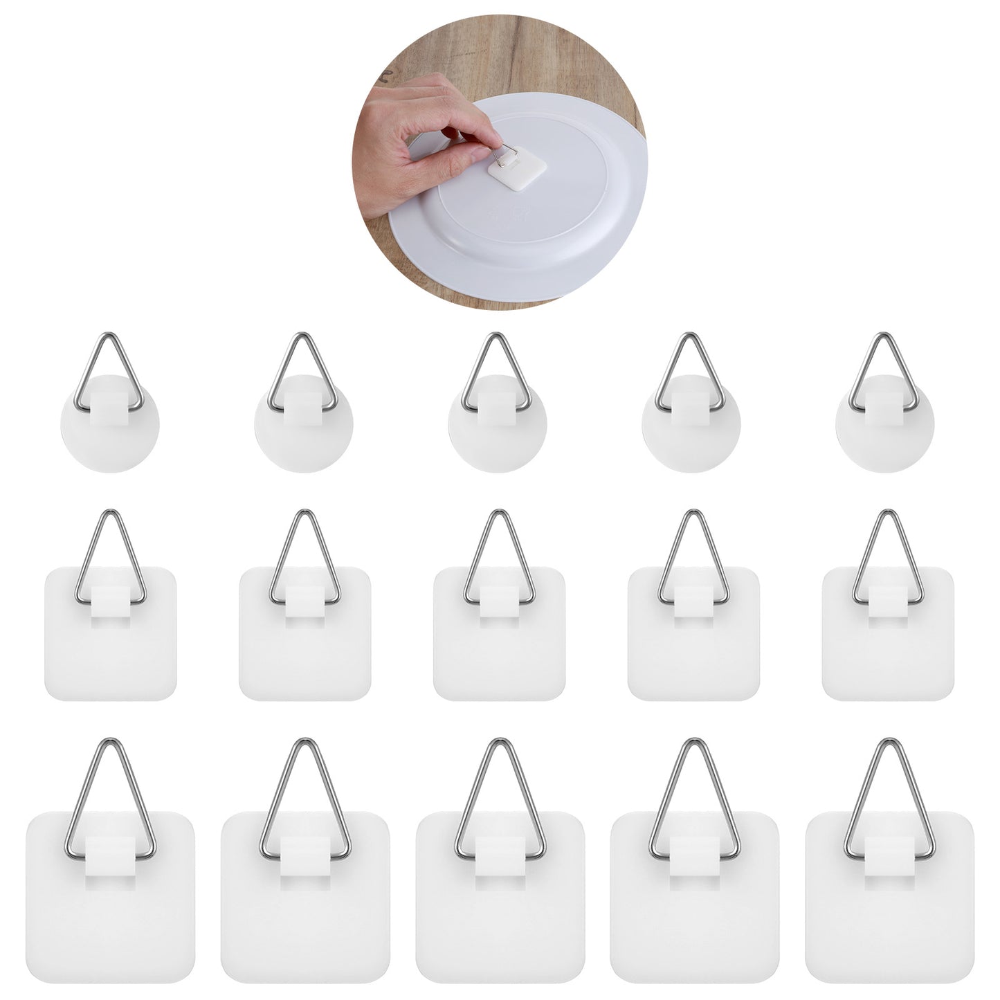 Classicseali 15pcs Stick on Picture Hooks, Adhesive Picture Hooks with Adhesive Backing, No Nails Required, Quick Stick Pictures Hangers, for Pictures Frames, Foam Board, and Wall Art,Round and Square