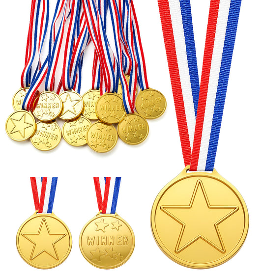 12 Pcs Medals for Children, Plastic Kids Medals with Colorful Ribbons