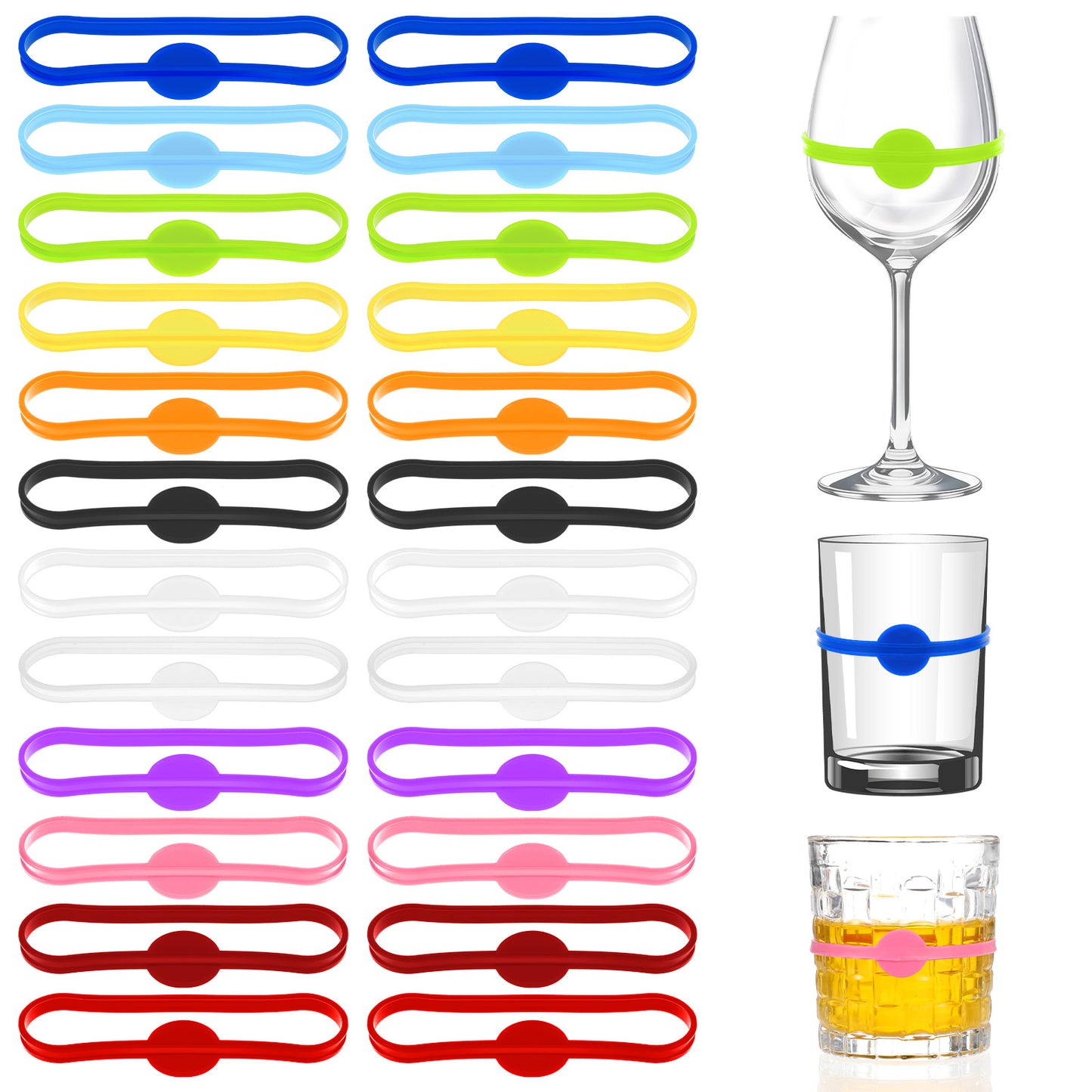 Elegaperma Wine Glass Charms, 24 Pcs Multi-Colour Silicone Drink Markers, Stretchable Identifiers for Glasses, Cups, Mugs & Party Drinks (7 x 2 x 2 cm)