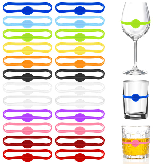 Elegaperma Wine Glass Charms, 24 Pcs Multi-Colour Silicone Drink Markers, Stretchable Identifiers for Glasses, Cups, Mugs & Party Drinks (7 x 2 x 2 cm)