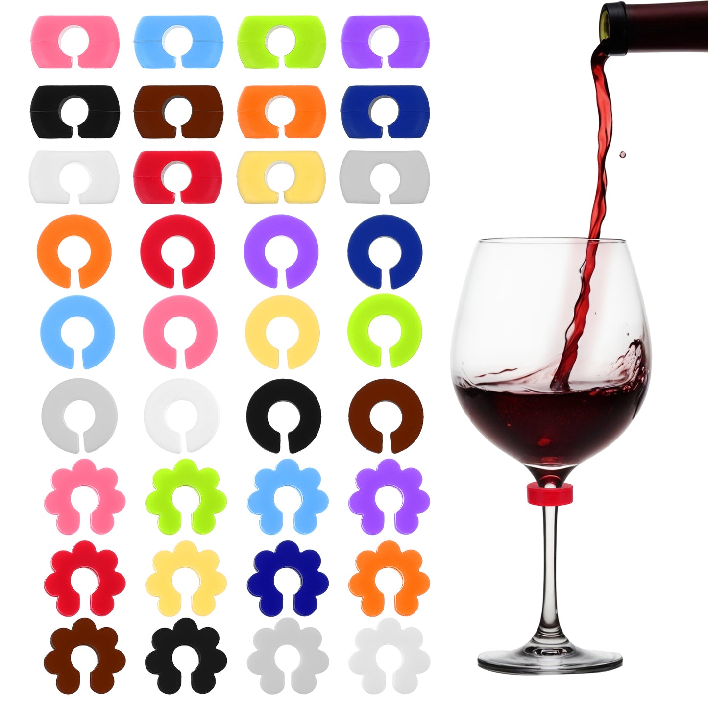 oruola 36pcs Wine Glass Charms, Reusable Silicone Drink Markers, 3 Styles of Wine Glass Marker Charms, Suitable for Bar Parties, Champagne Flutes, Cocktail Glasses, and Other Occasions