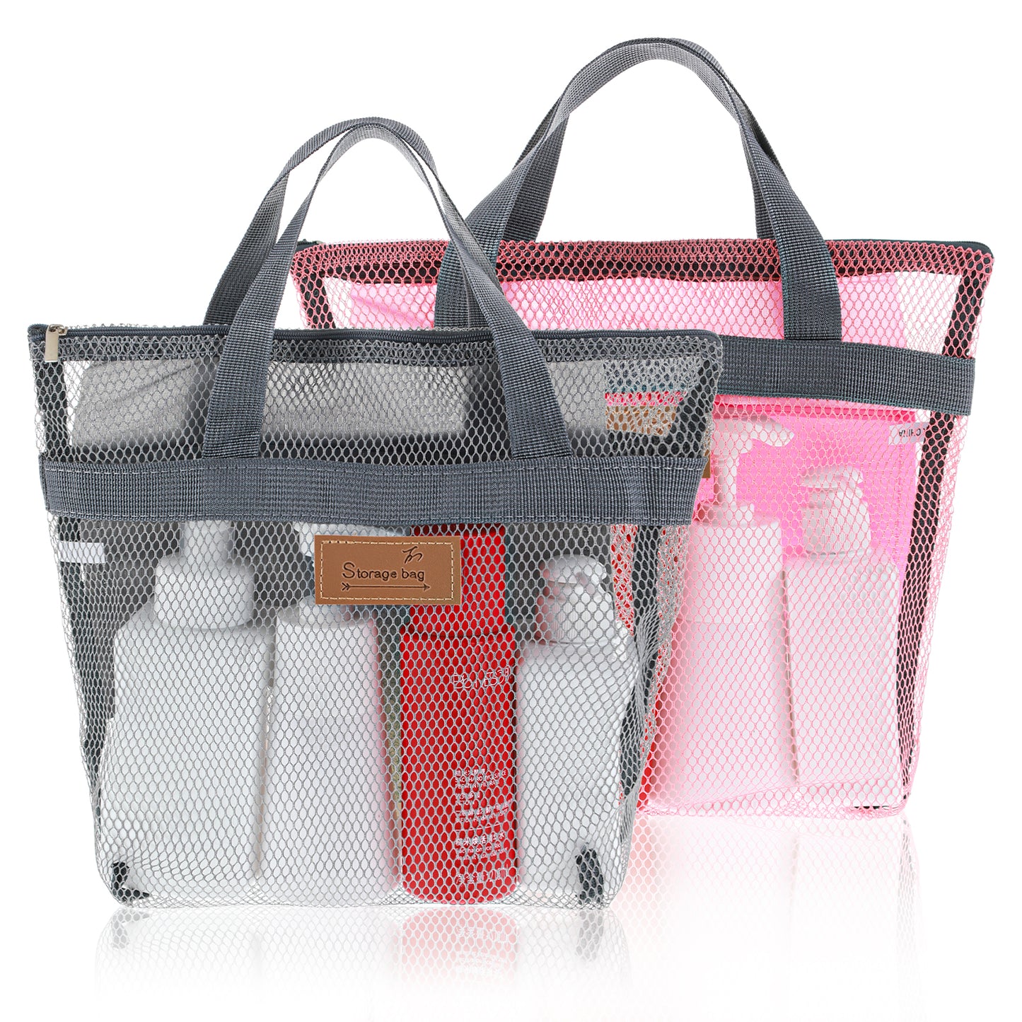 oruola 2pcs Mesh Shower Bag, 11.8 x 11.8 In Quick Dry Portable Gym Shower Bag Mesh with Zipper for Travel, Gym, Swimming, Camping, College Dorms, Beach (Grey & Pink)