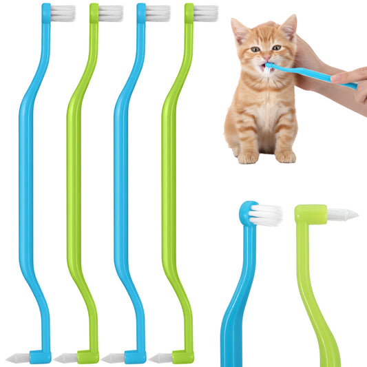 Guduling 4 Pcs Double Headed Dog Toothbrush Set,Cat Toothbrush Round,Soft Puppy Toothbrushes with Micro Brush Head & Curved Handle to Reduce Plaque Tartar Formation(Blue,Green)