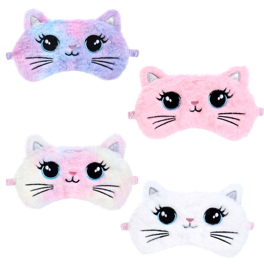 Oruola 4pcs Cat Sleep Mask,Sleeping Mask Kids,Cute Cat Sleep Mask,Comfortable Sleeping Mask Plush Blindfold Satin Back Faux Fur Mask for Kids Women Men Travel Nap 4 Color