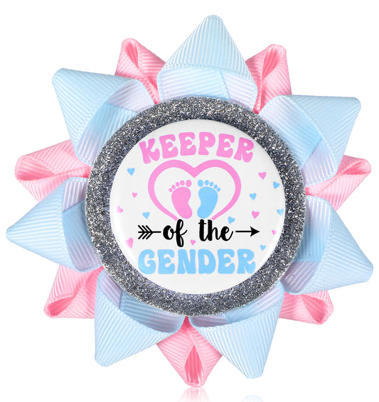 Keeper of the Gender Pin Badge Gender Reveal, Party Favour Team Button with Light Blue Pink Grosgrain Ribbon for Baby Shower Celebration Prediction Party Accessory