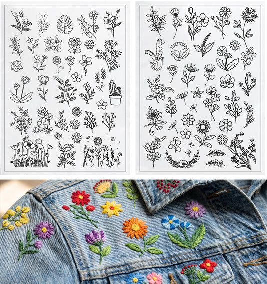 72 Pcs Water Soluble Embroidery Patterns, Flower Pattern Water Soluble Stabilizer, Pre-Printed Stick & Stitch Transfers for Hand Embroidery, DIY Clothing, and Craft Decoration