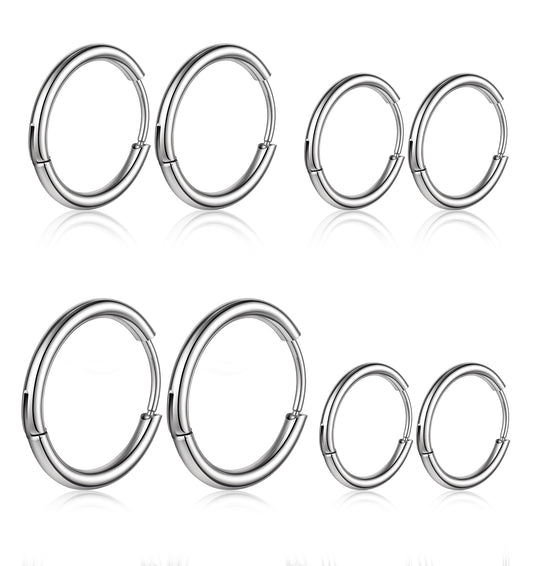 8 Pcs Silver Hoop Earrings Men, 316L Surgical Steel Hoop Earring Men Set for Cartilage Piercings 8mm 10mm 12mm 14mm (Silver)