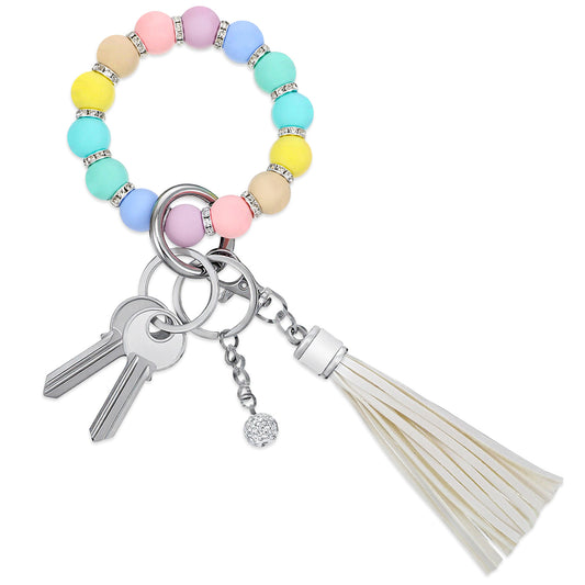 Elegaperma Wristlet Keychain, Colorful Silicone Beaded Wristlet Keychain Bracelet, Stretchy Silicone Key Ring Bracelet Wristlets Keychains for Women Girls Fashion Accessory Gift