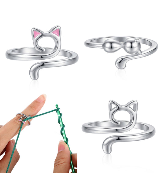 3PCS Crochet Tension Ring, Silver Adjustable Cat Ears Yarn Ring for Tension